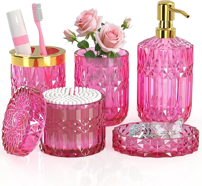 Hot-Pink Glass Bathroom Accessories Set 5 Pcs, Hot-Pink Bathroom Set, Soap Dispenser and Toothbrush Holder Set, Qtip Holder Set, Vintage Bathroom Sink Set, Cute Bathroom Decor