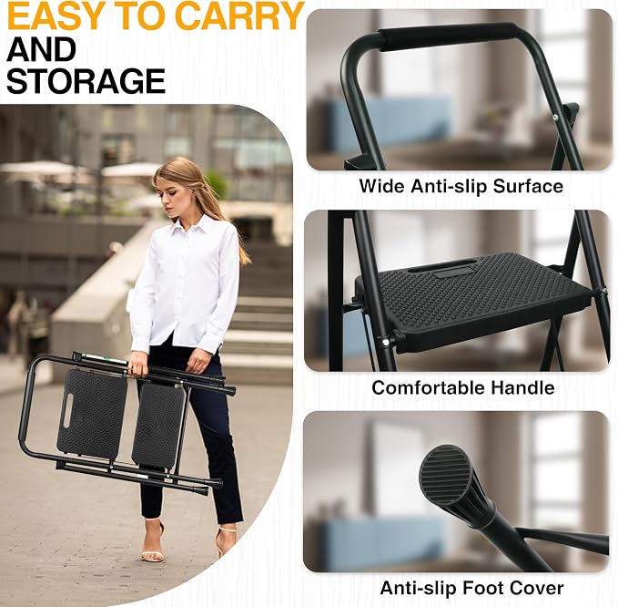 Step Ladder, Portable Steel Folding Step Stool with Wide Anti-Slip Pedal & Convenient Handgrip, Sturdy Steel Ladder, 2-Step, Black