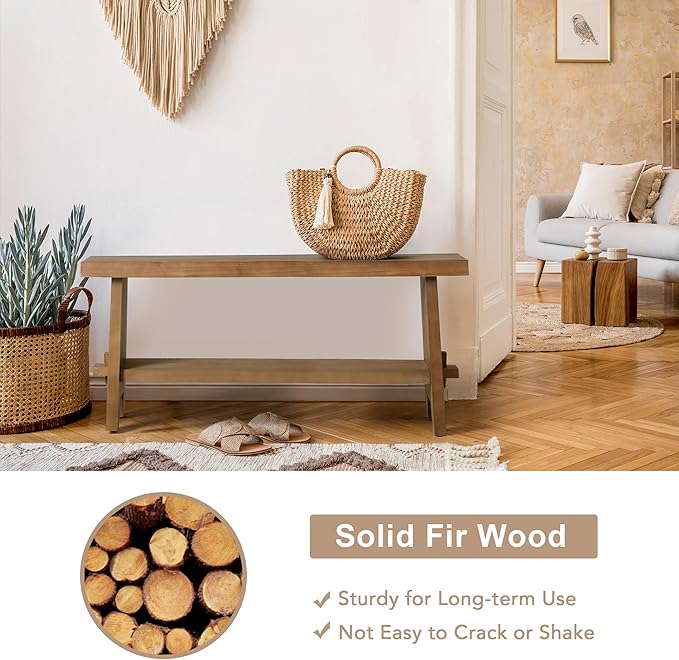 HOKYHOKY Solid Wood Entryway Bench - 43.3" Farmhouse Long Storage Bench, Rustic Narrow Bench Seat for Indoor, Entryway, Dining Room, Living Room and Hallway, Brown