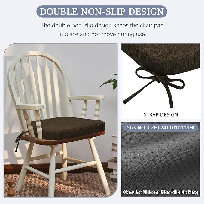 baibu Kitchen Chair Cushions Set of 4, Dual-Layer Patented Design Memory Foam Dining Chair Pads with Ties and Washable Cover, 4 Pack, 17" x 16" x 2", Dark Brown