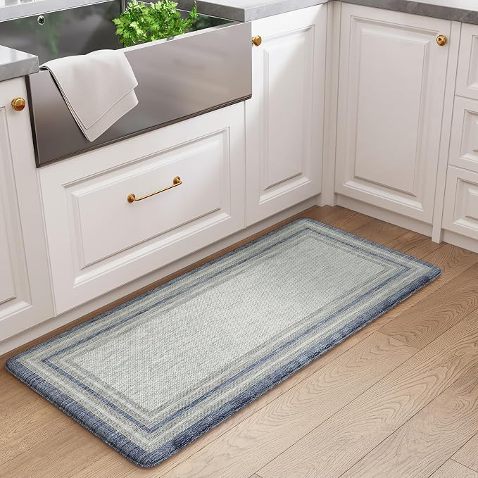 KIMODE Anti Fatigue Kitchen Mat, Cushioned Boho Oriental Kitchen Runner, Non Slip Waterproof Kitchen Mat for Floor, Comfort Foam Standing Desk Mat for Laundry, Office, Sink Blue and Grey 20"x39"