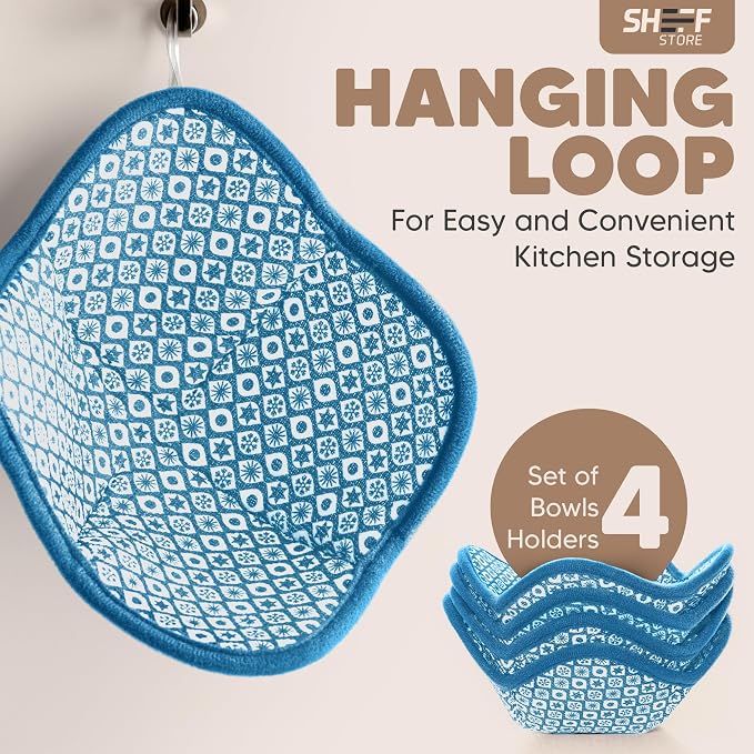 Sheff Microwave Bowl Cozy Holders Set of 4 - Durable and Reliable for Hot and Cold Plates and Dishes - Ideal Household Gift (Blue and White, 7 inch)