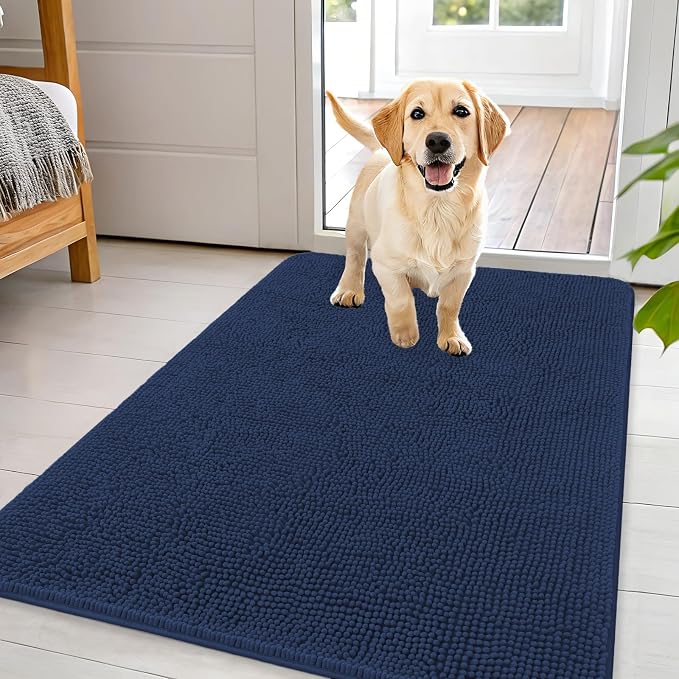 OLANLY Dog Door Mat for Muddy Paws 44x32, Absorbs Moisture and Dirt, Absorbent Non-Slip Washable Doormat, Quick Dry Chenille Mud Mat for Dogs, Entry Indoor Entryway Carpet for Inside Floor, Dark Blue
