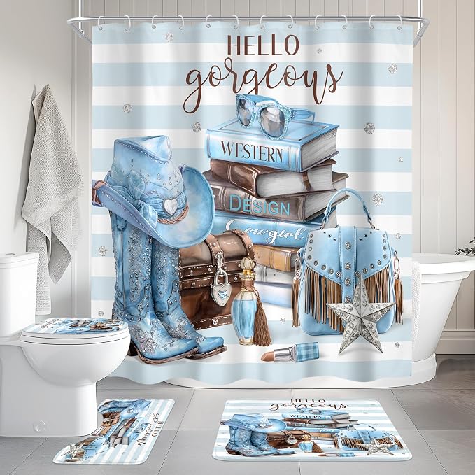4Pcs White Blue Brown Shower Curtain Set, Western Cowgirl Fashion Diamond Boots Striped Hats Bathroom Curtain with Rug, Toilet Lid Cover, Bath Mat, Women Girls Shower Curtain with 12 Hooks