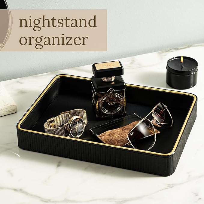 Leather Catchall Valet Tray for Men| Mens Valet Catch All Trays| Bedside Organizer for Nightstand| Cologne Tray for Men| Desk Trays Leather Tray Organizer (Black)