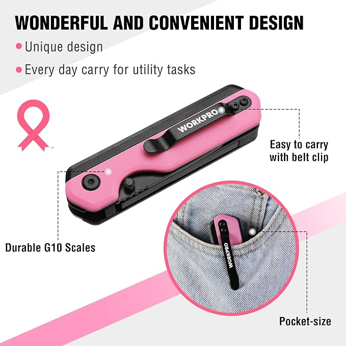 WORKPRO 2-in-1 Folding Knife/Utility Knife, Quick-Change Box Cutter with Belt Clip, Liner Lock, and G10 Handle, Extra 10 SK5 Blades Included - Pink Ribbon