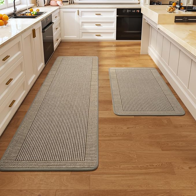 Kitchen Mats for Floor, 17''x30''+17''x59''Kitchen Rugs Set of 2, Washable Non Slip Absorbent Kitchen Mat, Braided Kitchen Runner Rug, Kitchen Sink Rug, Brown