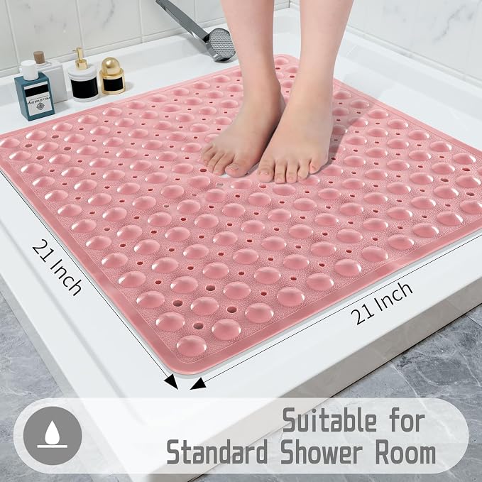 Yimobra Shower Stall Mat Non Slip, 21X21 Inch, Soft Square Bath Mat for Shower with Suction Cups and Drain Holes, Stall Floor Mats for Bathroom, Machine Washable, Bathroom Accessories, Pink