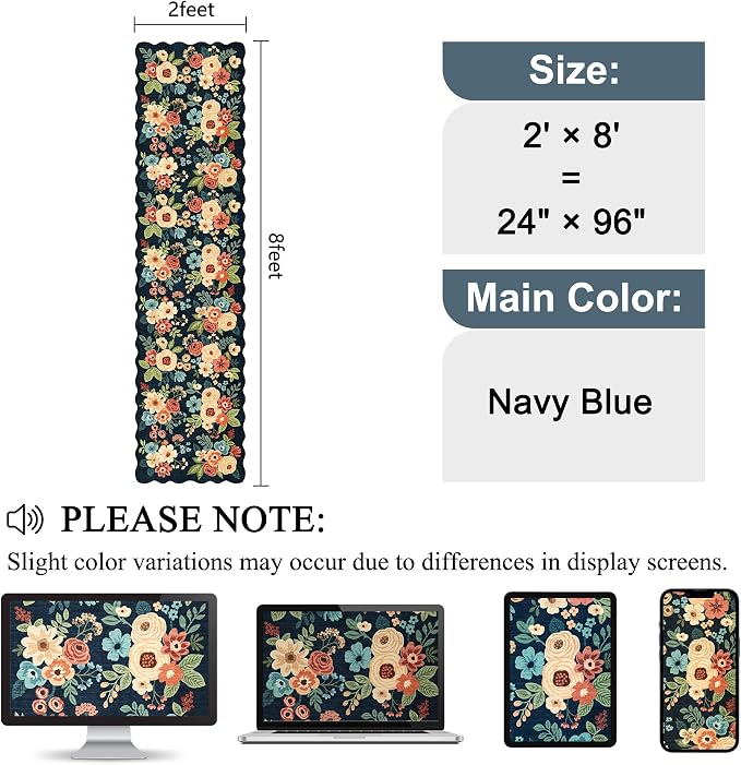 DUKINO 2x8 Washable Runner Rug, Lightweight Soft Floral Hallway Rug Runner with Low Pile Design, Non Shedding & Non Slip Backing Thin Indoor Carpet for Bedroom, Bathroom, Entrance, Kitchen, Navy Blue