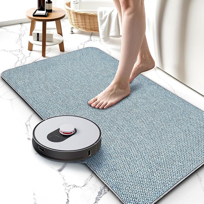 Upgraded Bath Mat 17x27Inch, Thin Bath Mats Rugs with Rubber Backing Non-Slip, Absorbent,Quick Dry Machine Washable, Home Decor Accessories Cozy Cloth Bathroom Rugs fit Under Door/Sink/Tub/Shower-Blue