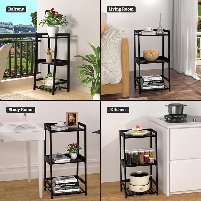 POXAKA 3 Tier Bamboo Bathroom Shelves, Ladder Shelf for Storage, Rustic Home Organizer, Space-Saving Design, Stylish Display Nightstand, Stylish Storage Solution for Home, Living Room, Kitchen