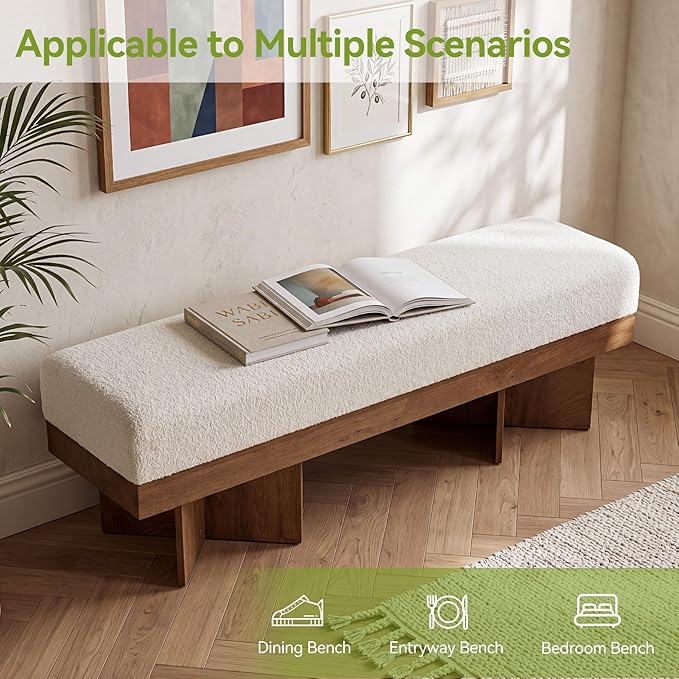 LITTLE TREE 55" Entryway Bench with Faux Lamb Wool, Upholstered Bench with X-Legs, for Living Room, Bedroom, or Foyer (White & Light Walnut)