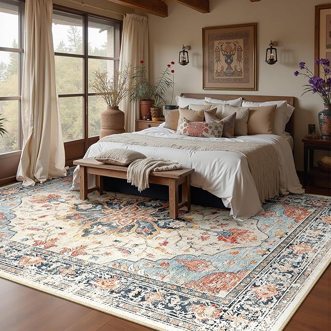RELEANY Area Rugs 5'x8' Washable Non-Slip, Floral Vintage Distress Medallion Carpet for Living Room Bedroom Dining Room, Beige Navy Blue Orange Colorful