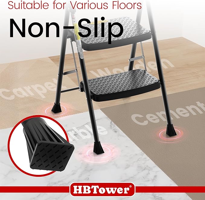 HBtower Step Ladder Sturdy, Heavy Duty Step Stool for Adults, Wide Anti-Slip Pedal Step Ladder Folding Step Stool for Home Kitchen Garage Outdoor (2 Step Ladder)