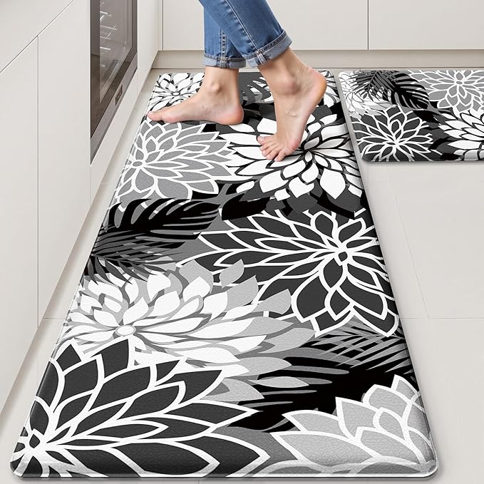 Arenarug Kitchen Mats for Floor 2 Piece Cushioned Anti Fatigue Kitchen Mats Waterproof Non Slip Kitchen Mat Rug Set Comfort Foam Standing Mat for Sink, Laundry, Office, Black White