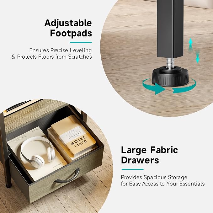 Lazzanto Night Stand with Charger Station - Grey Nightstand with LED Light Strip, Morden Bedside Table with USB Ports & AC Outlets, End Table with Storage Shelf & 3 Fabric Drawers