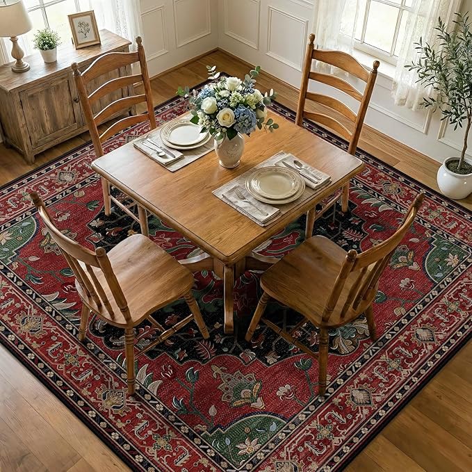 RELEANY Area Rugs Square 8ft Washable Non-Slip, Floral Vintage Distress Medallion Carpet for Living Room Bedroom Dining Room, Red Black
