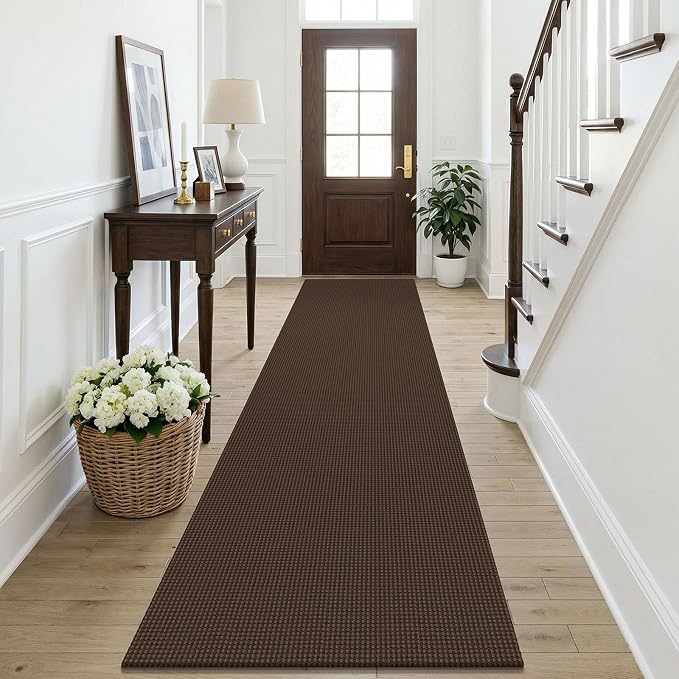 KOZYFLY Cotton Runners Rugs for Hallway 2.5'x10', Washable Runner Rug, Woven Non Slip Kitchen Runner, Braided Entryway Rug, Floor Carpet for Entry, Aisle, Hall, Brown/Dark Brown