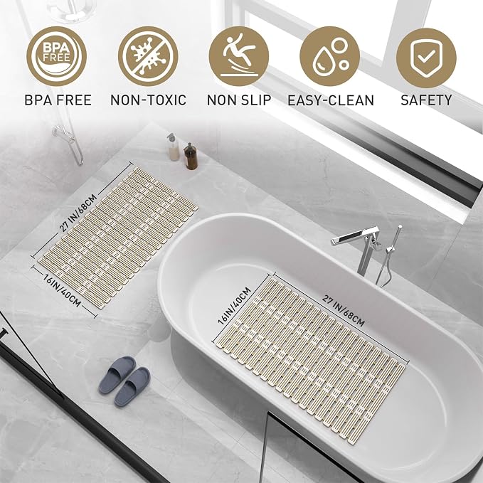 XIYUNTE Shower Mat Non Slip Bath Mat for Tub - 27 X 16 Inch TPE Bathtub Mat Non Slip Shower Mats for Inside Shower, Bath Tub Mat with Powerful Suction Cup, Easy to Cut and Dry, Brown
