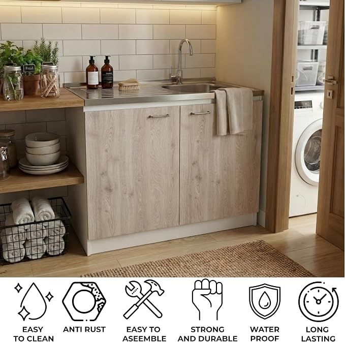 Tuhome Napoles Utility Sink Base Cabinet with Integrated Stainless Steel Countertop, Freestanding Cabinet with Double Doors, Interior Shelf for Laundry Room, Utility Room, Mudroom or Kitchen