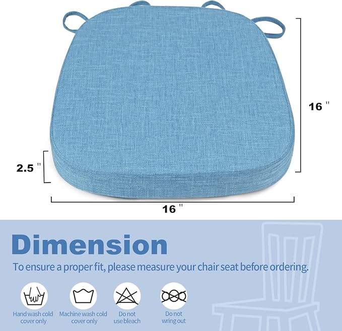 BUYUE Thickened 2.5" Dining Chair Cushions Set of 6, U-Shape High Density Foam Comfortable Chair Pads for Kitchen, Slip Resistant Indoor Seat Cushions (6 PCS, Light Blue)
