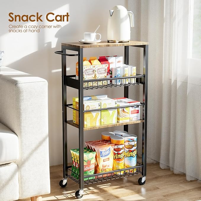 Slim Storage Rolling Cart, 4 Tier Narrow Cart with Wheels, Metal Kitchen Rolling Cart for Small Spaces, Slide Out Storage Shelves for Kitchen, Laundry Room, Bathroom, Living Room, 9.1in(W)