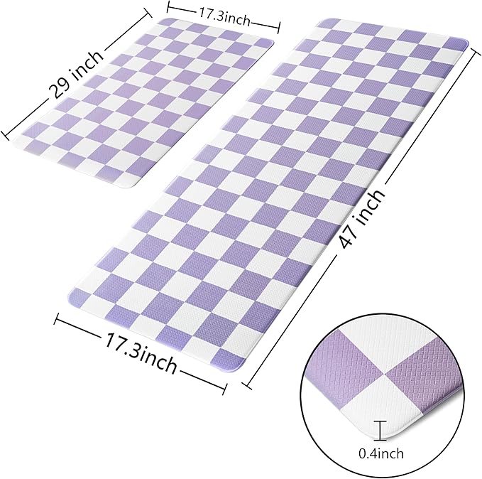 Purple Checkered Grid Checkerboard Kitchen Rug Sets [2 PCs], Anti-Fatigue, Waterproof Non-Slip Kitchen Mats Heavy Duty Ergonomic Comfort Foam Rug for Floor, Home, Laundry,17"x29"+17"x47"