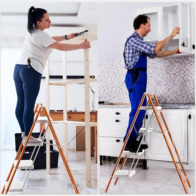DIAMONDFORGE 4 Step Ladder, Lightweight Folding Step with Wide Anti-Slip Pedal & Feet, 330 lbs Capacity,Sturdy Steel Step Ladder for Home,Office and Library,Light Woodgrain