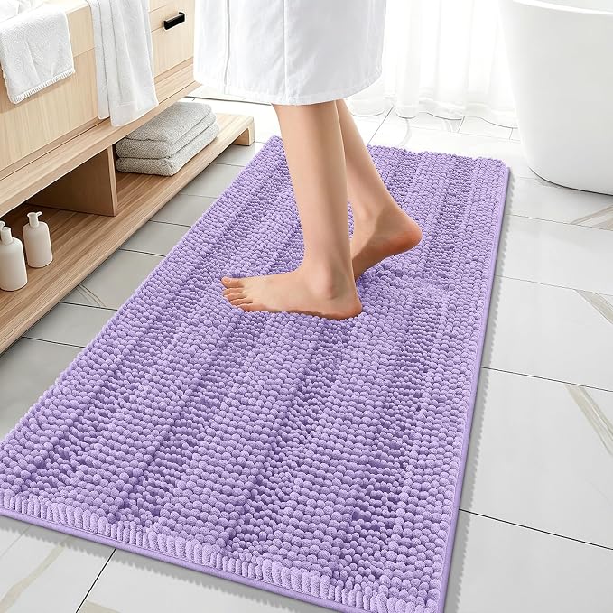 OLANLY Thick Bathroom Runner Rugs 47x20, Extra Absorbent Chenille Striped Bath Rugs, Rubber Backing, Machine Wash Dry, Long Bath Mats for Bathroom, Tub and Shower, Home Decor Accessories, Lavender