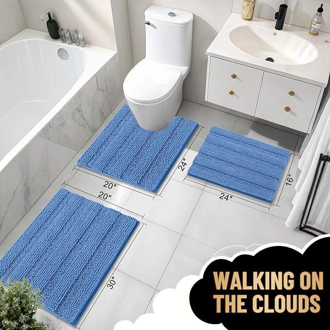 OLANLY Thick Bathroom Runner Rugs 59x20, Absorbent Chenille Striped Bath Rugs, Rubber Backing, Machine Wash, Extra Long Bath Mats for Bathroom, Tub and Shower, Home Decor Accessories, Cornflower Blue