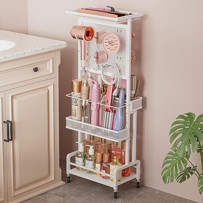 Hair Tool Organizer Cart with Hair Dryer Holder, Narrow Bathroom Storage Cart for Curling Flat Iron & Hot Tools, Slim Hair Appliance Organizer for Vanity Styling Tools, Salon Cart with Tray on Wheels