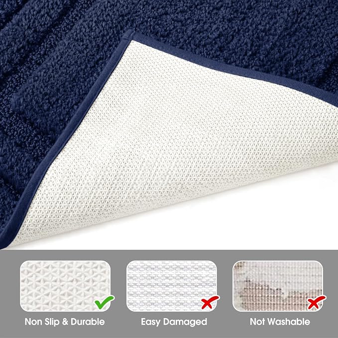 HOMEIDEAS Bathroom Rugs Sets 2 Piece, Super Soft and Absorbent Non Slip Microfiber U-Shaped Toilet Bath Mat Set (20"x32"+U20 x24, Navy Blue)