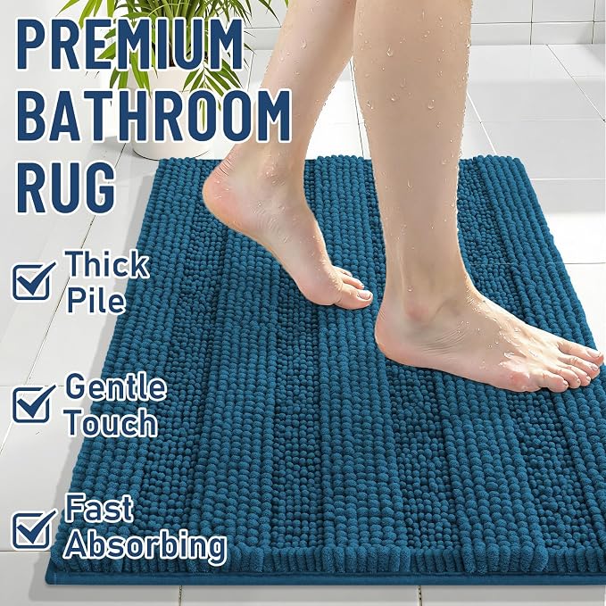 Grandaily Chenille Striped Bathroom Rugs 30x20, Extra Thick and Absorbent Bath Mats, Non-Slip Soft Plush Shaggy Shower Carpet, Machine Wash Dry, Bath Rug for Bathroom, (Medium, Peacock Blue)