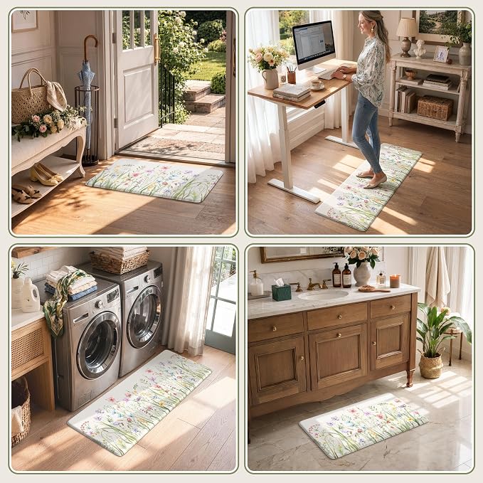 KIMODE Anti Fatigue Kitchen Mat for Floor, Farmhouse Floral Kitchen Rugs Sets of 2, Kitchen Floor Mats Non-Slip, Cushioned Standing Mat for Sink, Laundry, Desk, Home White 17"x47"+17"x29"
