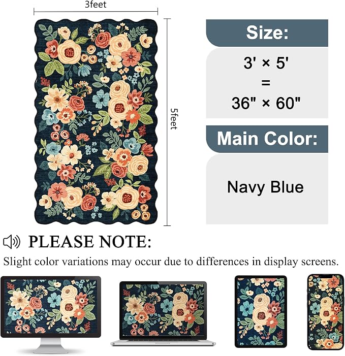 DUKINO 3x5 Area Rug, Floral Non-Slip Indoor Washable Rug with Low Pile & Non-Shedding, Lightwight Boho Design Carpet for Entryway, Bedroom, Kids Room, Living Room, Kitchen, Navy Blue