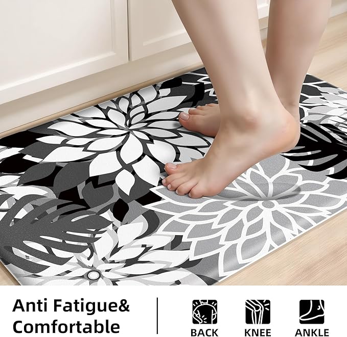 Arenarug Kitchen Mats for Floor 2PCS Cushioned Anti Fatigue Kitchen Mats Waterproof Non Slip Kitchen Mat Rug Set Comfort Foam Standing Mat for Sink, Laundry, Office, Black White