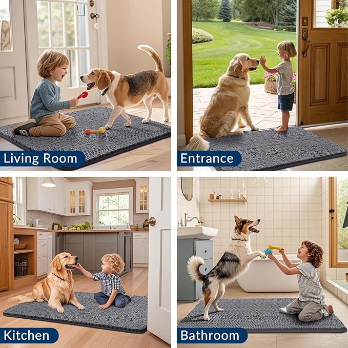 Smiry Dog Door Mat for Muddy Paws 47x20, Absorbent Dirt Trapper, Non-Slip Washable Chenille Entryway Rug for Inside Floor, Dark Grey, Classic Solid