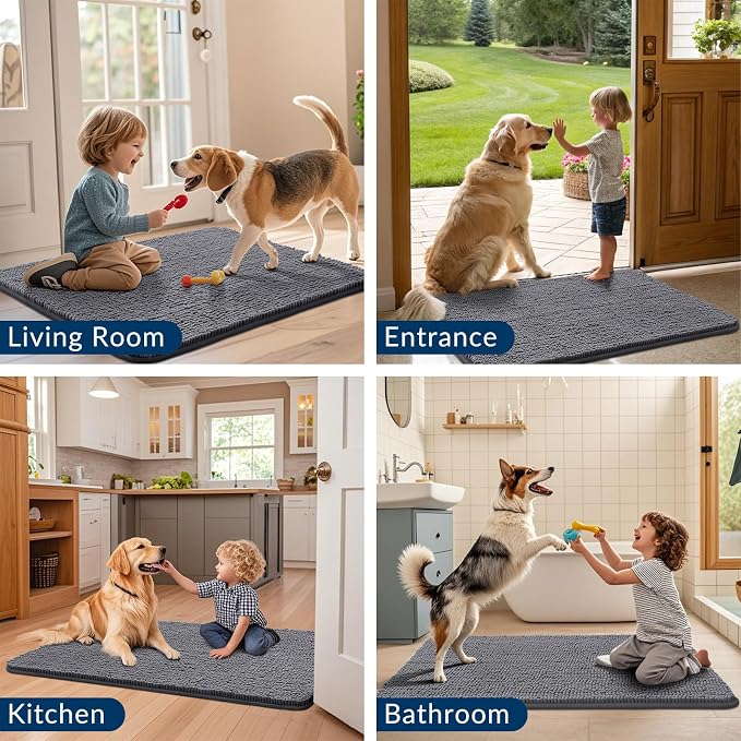 Smiry Dog Door Mat for Muddy Paws 34x21, Absorbent Dirt Trapper, Non-Slip Washable Chenille Entryway Rug for Inside Floor, Dark Grey, Classic Solid