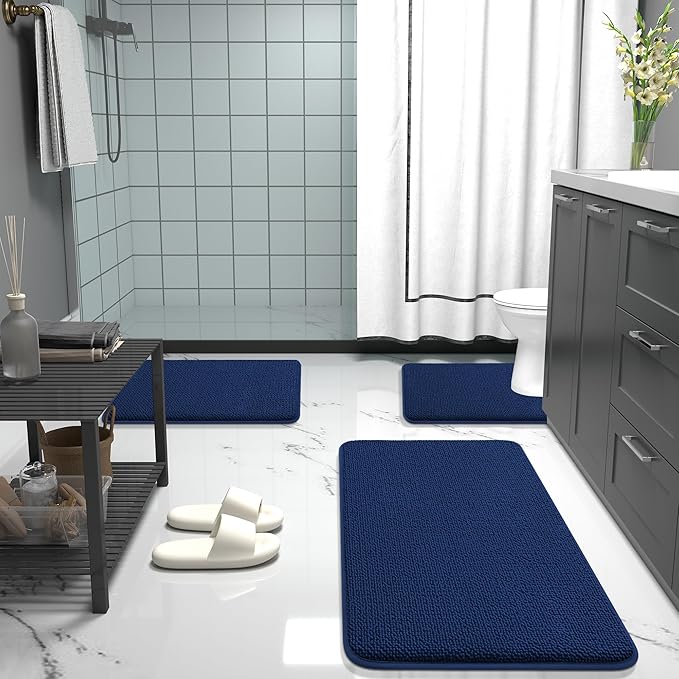 OLANLY Thick Memory Foam Small Bathroom Rugs 24x16, Extra Soft Absorbent Bathroom Mat, Quick Dry Bath Mats, Non-Slip, Machine Washable Carpet for Bathroom, Tub and Shower, Home Decor Accessories, Navy