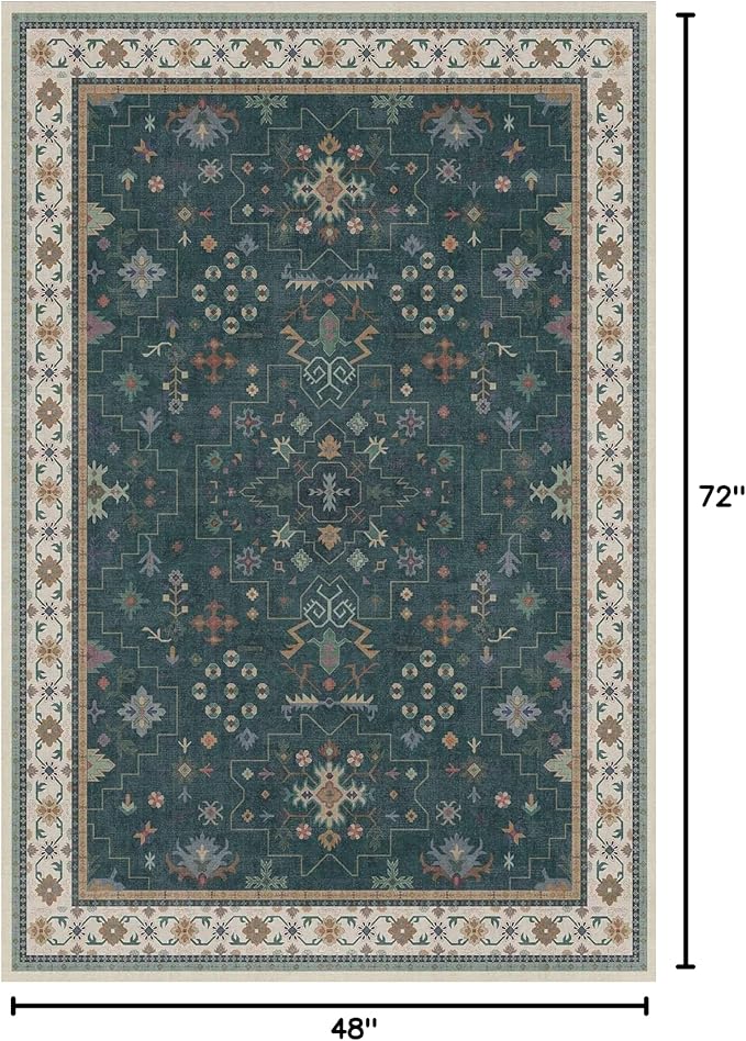 Hazo Haus Dark Green 4x6 Living Room Rug - Modern Vintage Boho Floral Forest, Washable Low Pile Non-Slip Area Rugs for Door Mat Entrance, Mudroom, Kitchen, Bedroom Beside Bed, Office