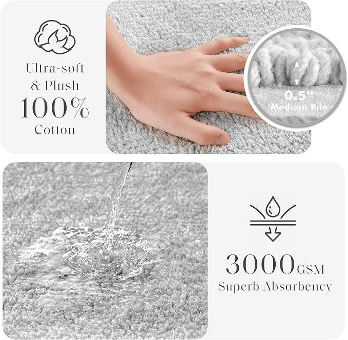 Madison Park Splendor Reversible 100% Cotton Tufted Bathroom Rug-3000 GSM Hotel Quality Luxurious Plush Medium Pile Bath Mat Absorbent, Quick Dry, Shower Room Décor, 20x30 Grey