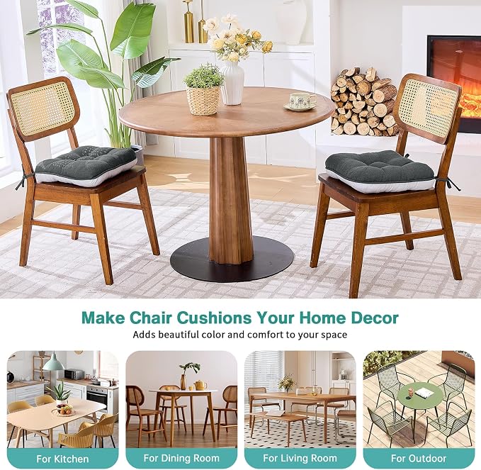 BETU Chair Cushions for Dining Chairs Set of 2,3.5" Thick Kitchen Table Chair Pads with Ties,Non Slip Backing and Covers, Seat Cushion for Dining Room,Bar,Patio Chairs,15.5"X15.5"X3.5",Dark Grey