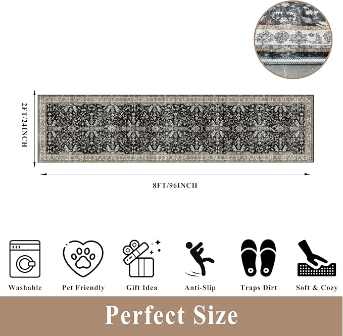 2x8ft Kitchen Rug Runners Washable Non Slip – Boho Floral Carpet Runner for Hallway, Bathroom, Bedroom, Entryway – Soft Low-Pile Thin Long Kitchen Floor Rug (Black, 2x8)