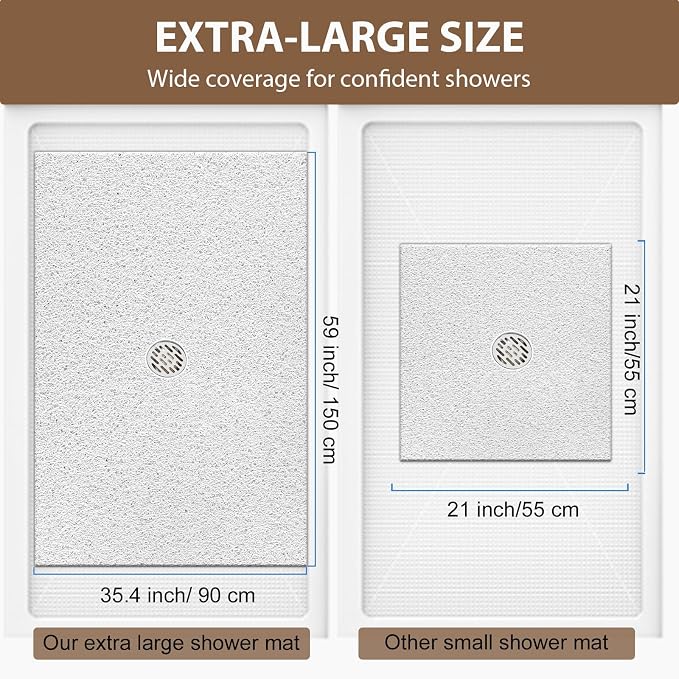 Extra Large Non Slip Shower Mat: 59x35.4 inch Loofah Shower Mat for Inside Shower with Drain Hole in Middle, Soft PVC Anti-Slip Shower Stall Mats for Bathroom,Wet Area, Quick Drying