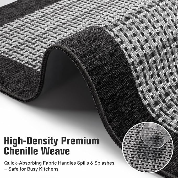 StepRite Kitchen Mats for Floor, Non-Slip Kitchen Rugs Set of 2 PCS, Super Absorbent Washable Kitchen Mats with Rubber Backing, Runner Mats for Front of Sink (20"x32"+20"x72" Black)
