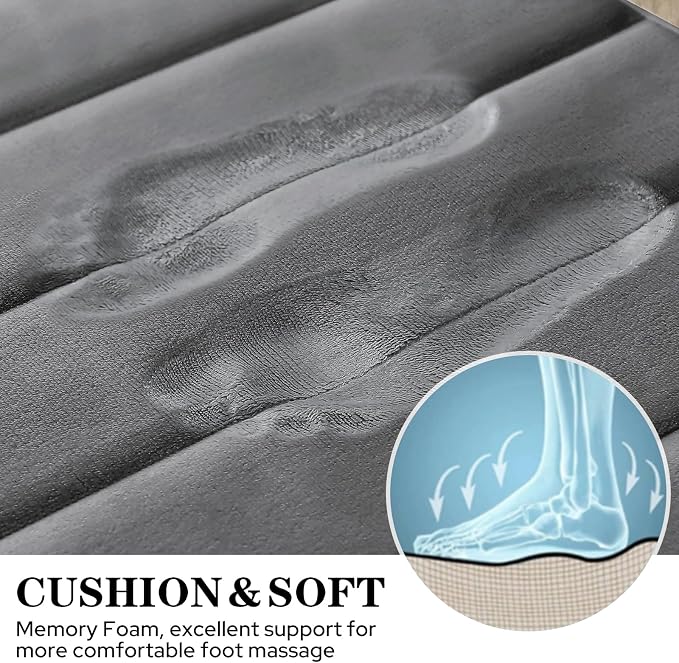 BYSURE Dark Grey Memory Foam Bathroom Rug Set 3 Piece, Non Slip Extra Soft Absorbent Machine Washable Toilet Bath Toilet Mat (17"x24"+20"x32"+U Shape 20"x24")