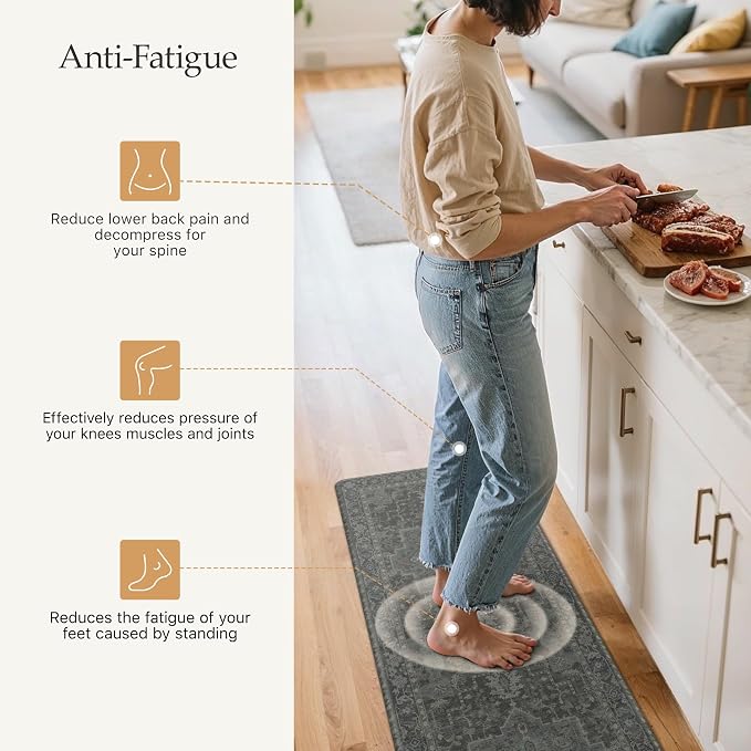 GENIMO Kitchen Mats for Floor 2PCs, Washable Anti Fatigue Mat for Cushioned, 17.3"x47"+17.3"x30", Waterproof Kitchen Rugs, Non Slip Comfort Standing Mat Rug for Home, Sink, Laundry, Dusky Green