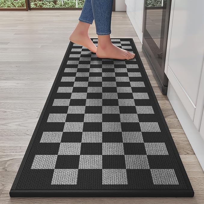 YDKGL Kitchen Runner Rugs Non Slip Washable, Super Absorbent Kitchen Mats for Floor, Linen-Look Woven Sink Mat Standing Mat, Easy Clean, Black Gray Checkered 17"x59"