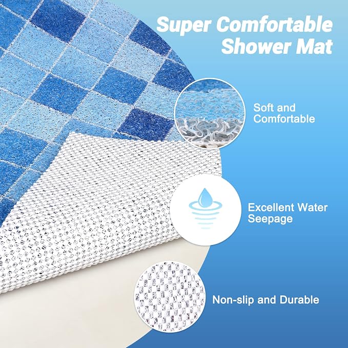 Shower Mat Non-Slip, Soft Comfort Bath Mat with Drainage Holes, PVC Loofah Massage Bathmat for Shower,Tub,Bathroom,Wet Areas, Quick Drying
