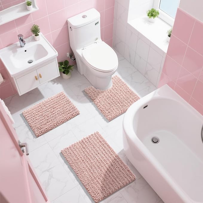 Yimobra Bathroom Rugs Non Slip Washable - Ultra Soft Absorbent Chenille Bath Mat, Quick Dry Shaggy Floor Carpet for Tub Shower, Light Pink Home Decor Accessories, 24x17 Inch